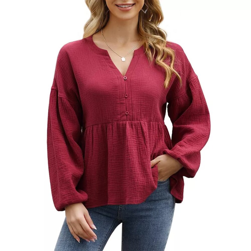 KOJOOIN RED TOP SIZE L Womens V Neck Babydoll Shirt Puff Long Sleeve Ruffle Hem
